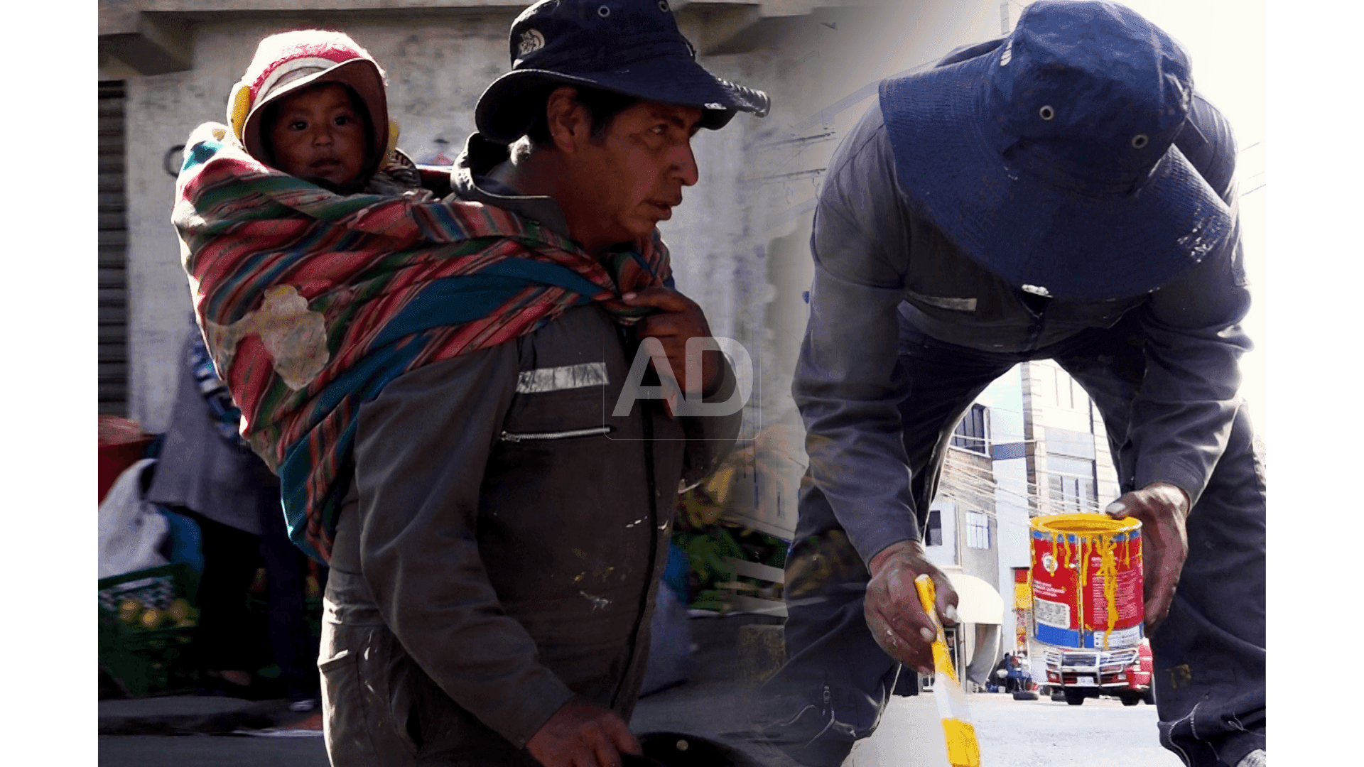 Con una brocha en la mano y su hija en el aguayo, don Franz encontró en las calles una forma de ganarse la vida